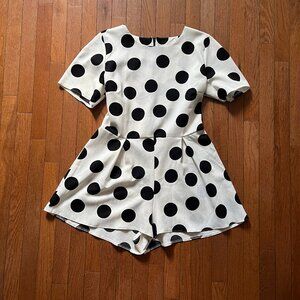 Women's Black and White Polka Dot Crew Neck Romper